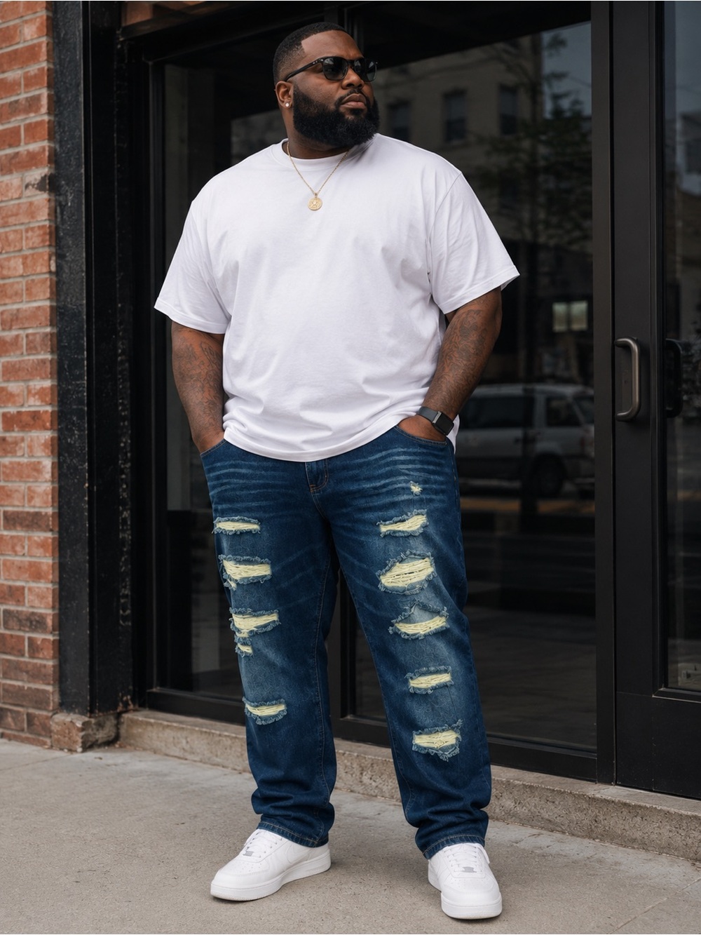 Men's Plus-Size Distressed Blue Jeans - Classic Dark Wash Size: 42x30